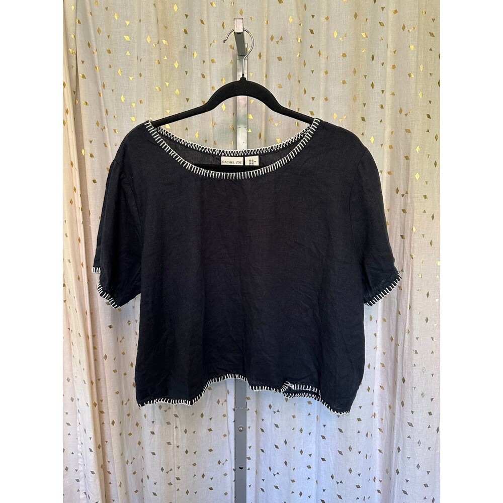 Rachel Zoe 100% Linen Prominent White Contrast Stitching Boxy Crop Top XL